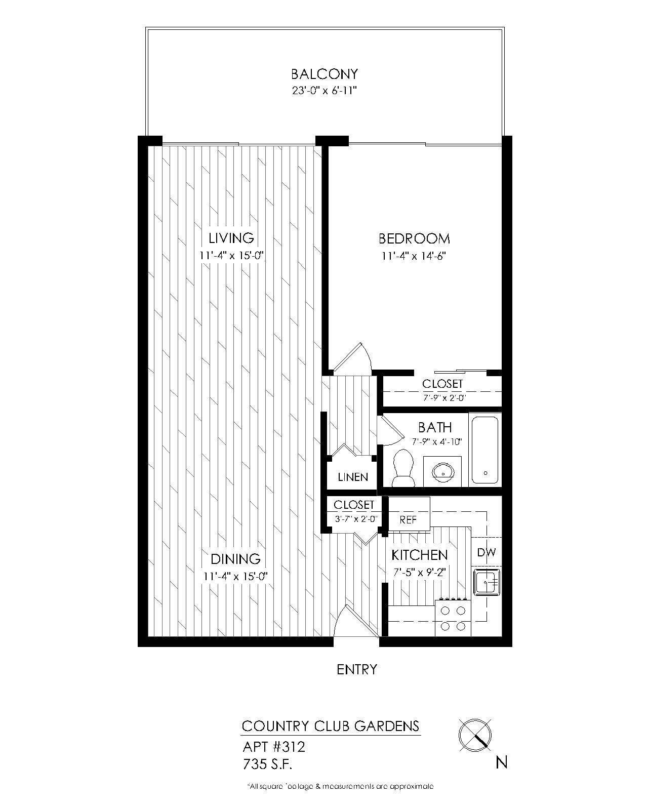 Floor plan for 1 bed, 1 bath, 735 sqft